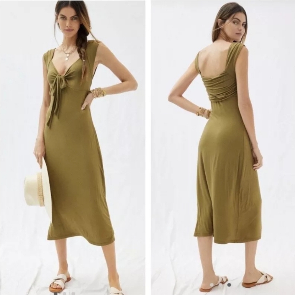 NWT Forever That Girl Anthropologie Tie Front Jersey Midi Dress Olive Green M